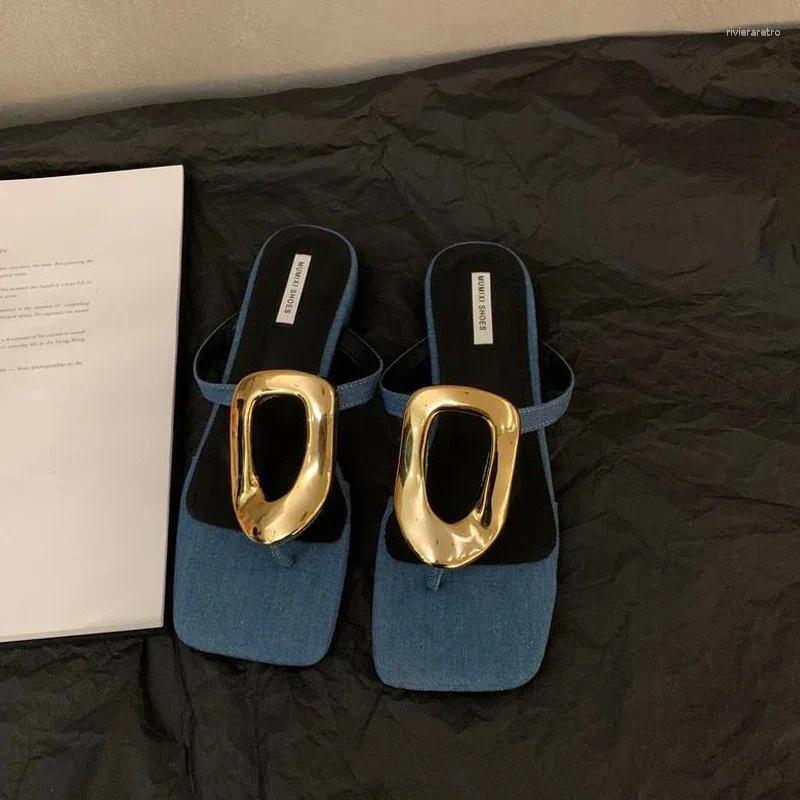Sandals Golden Buckle Heeled Flip ps Woman Summer Elegant Square Toe Thong New Slipper Ladies Brand Design Evening Party Shoes ashoesfactory