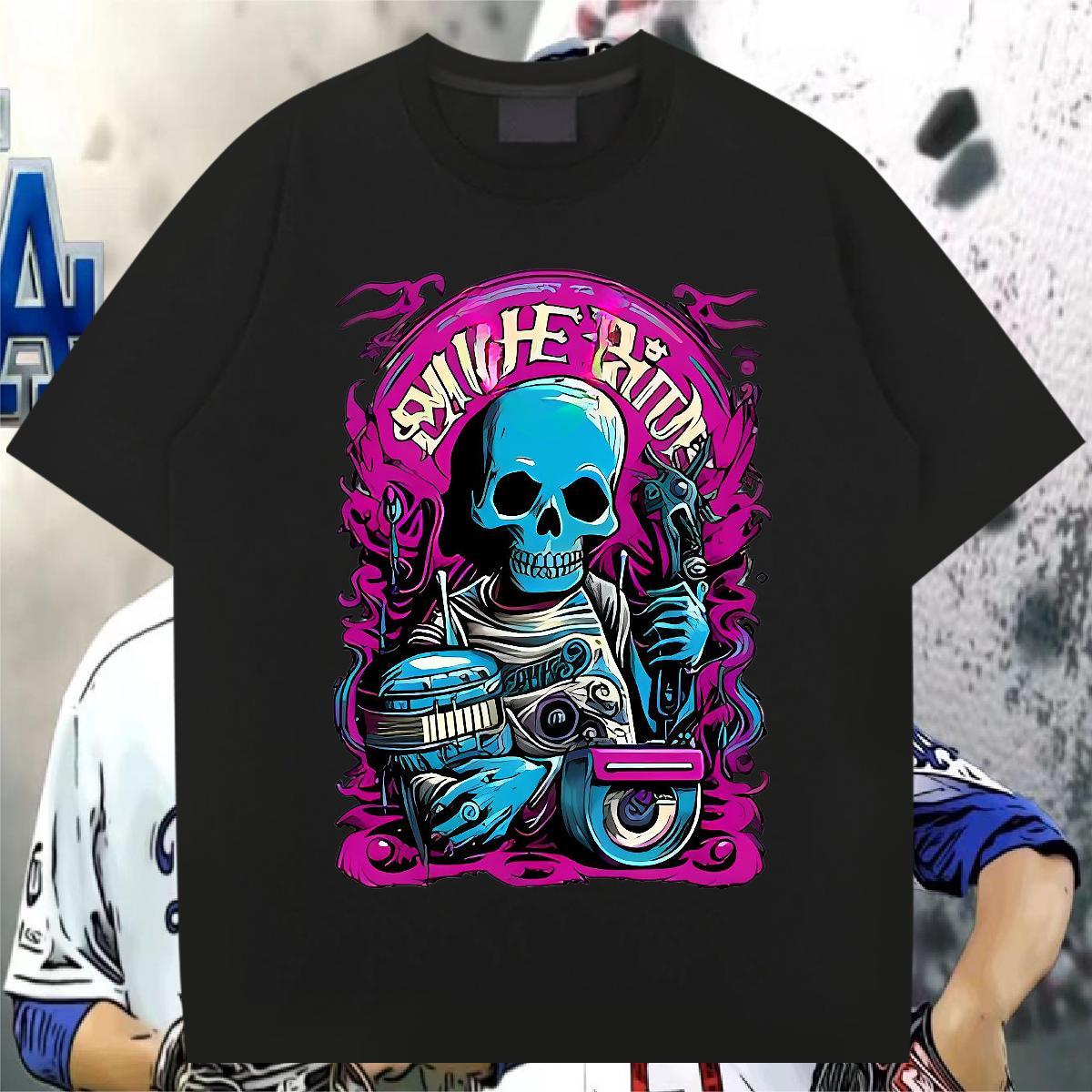 Wholesale T Shirts Men 230g Cotton skull Casual Beach Customized Print Pure Cotton Tshirt for Man Woman Casual New Top Tees