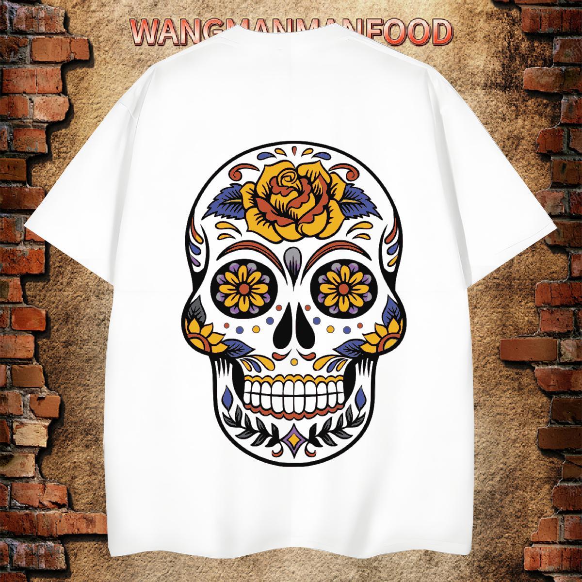 Popular T-Shirts 230g Cotton skull Street Wear White Plus Size O-Neck Short Sleeve Men Tees Factory Direct Tee Shirt