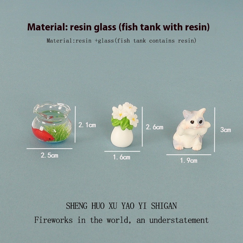 Adorable Small Scale Artwork - Handcrafted Resin Lazy Kitty & Fishtank Combo for Personalized Display