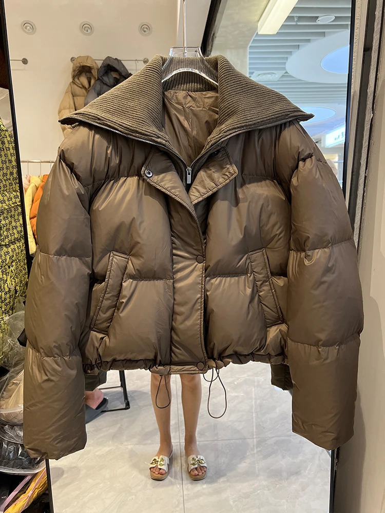 Winter Women Knitted Collar Down Jacket Short Loose Thin Fashion Thick White Duck Down Coat Fashionable Outerwear 240824