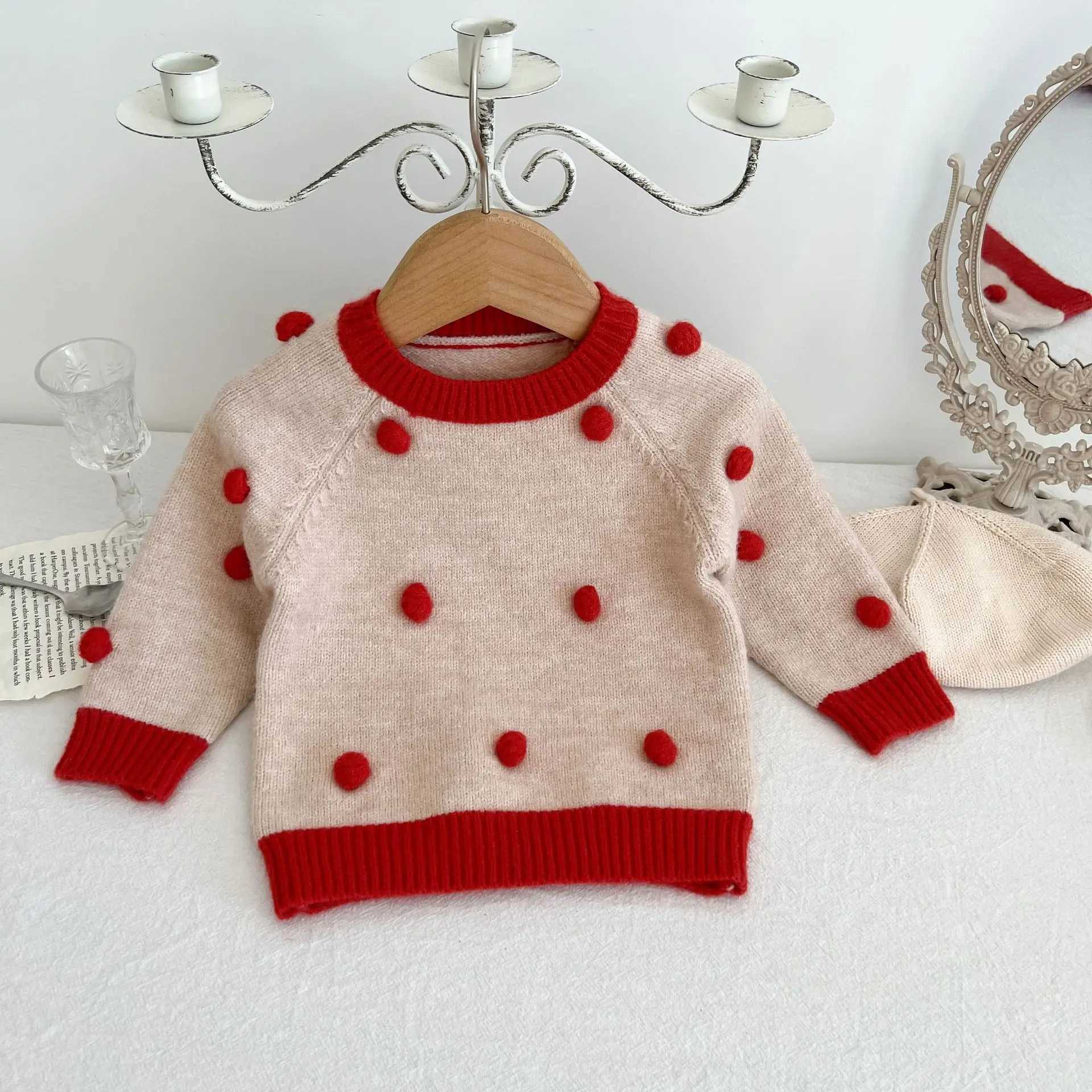 2024 Ins Korea Autumn Childrens Baby Girl Sweater Cotton Knitted Long Sleeve Baby Girl Zipper Handmade Ball Preschool Girl TopW240824