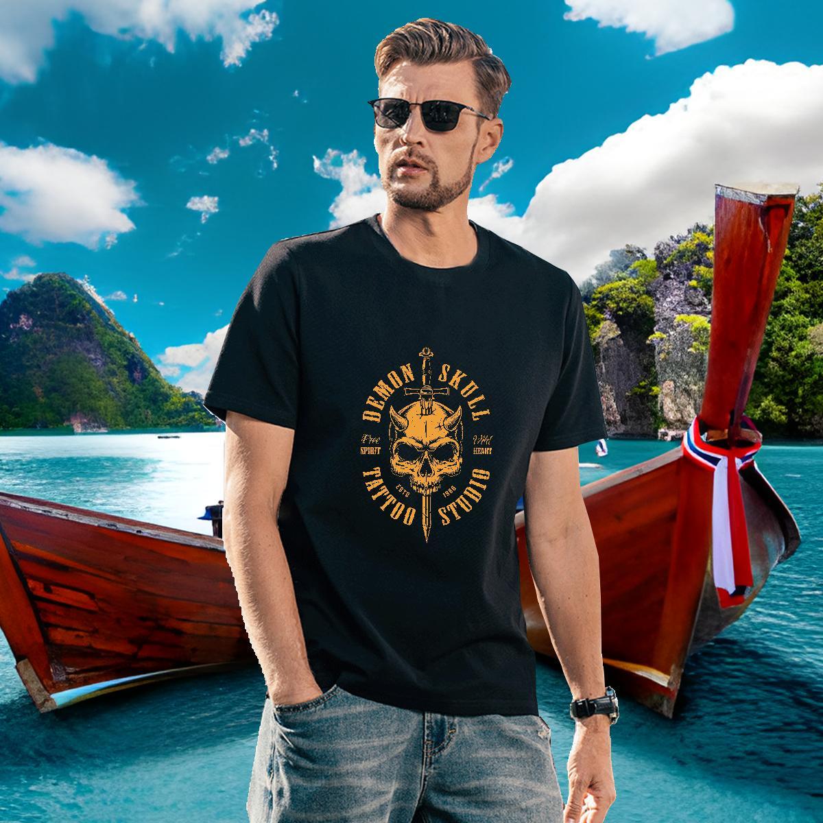 Designer T Shirts Men 230g Cotton skull Casual Plus Size Custom Round Neck Short Sleeve Mens Tshirts Stylist Tops Shirt