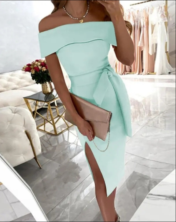 Summer Herringbone Neck Solid Strap Regular Split Dress