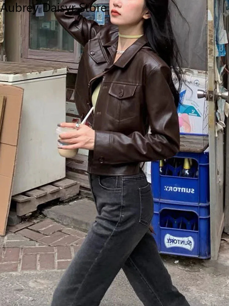 Cropped Leather Jacket Women Korean Y2K Streetwear Black Leather Moto Jacket Chic Thin Loose Casual Highstreet Short Coat 240824