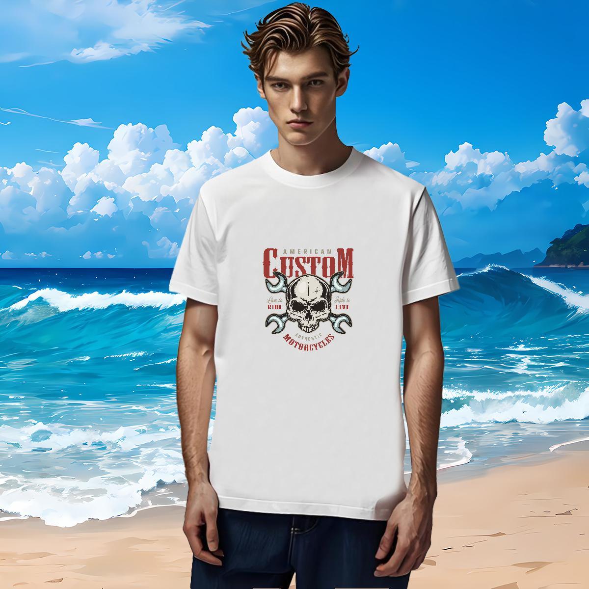 Loose T Shirts Men 230g Pure Cotton skull Sports Casual Floral Print Short Sleeve O-Neck Tshirts Customized Clothes