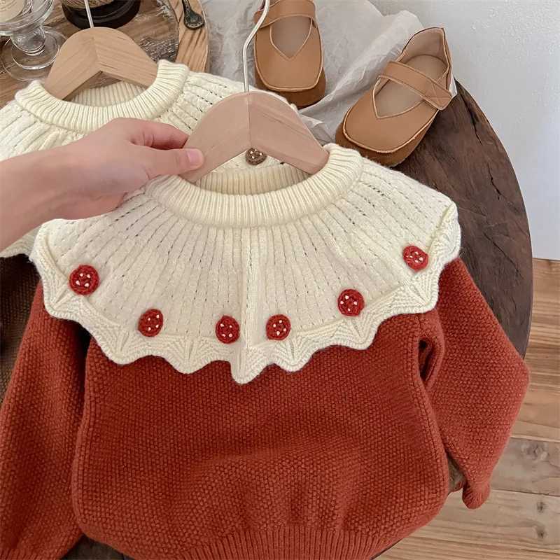 Girls Sweater 2024 Autumn/Winter Korean Edition Fashion Ruffle Collar Childrens Girls Retro Knitted Splicing Thick Baby Girls TopW240824