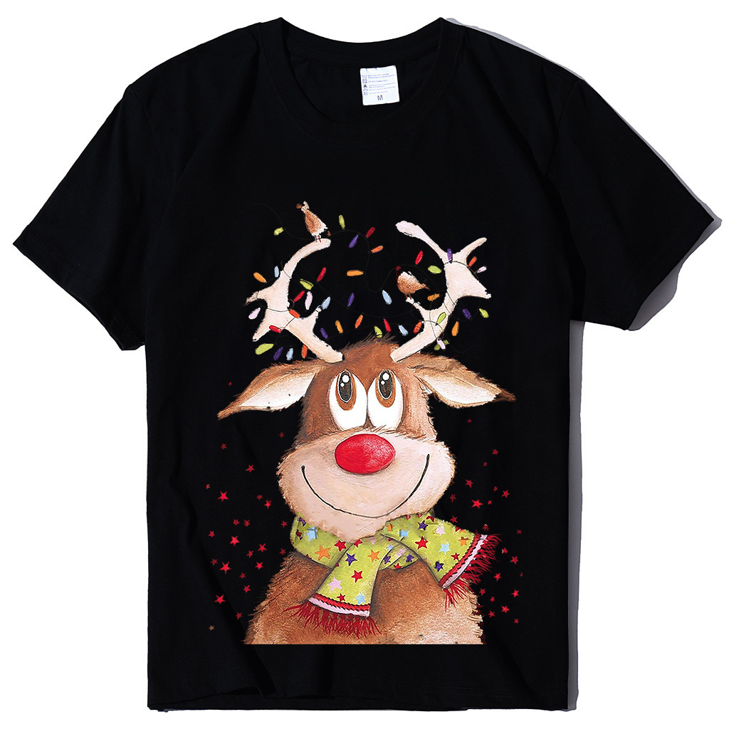 New Short sleeved Women's Top Christmas Elk Printed T-shirt Loose dongdumaoyi