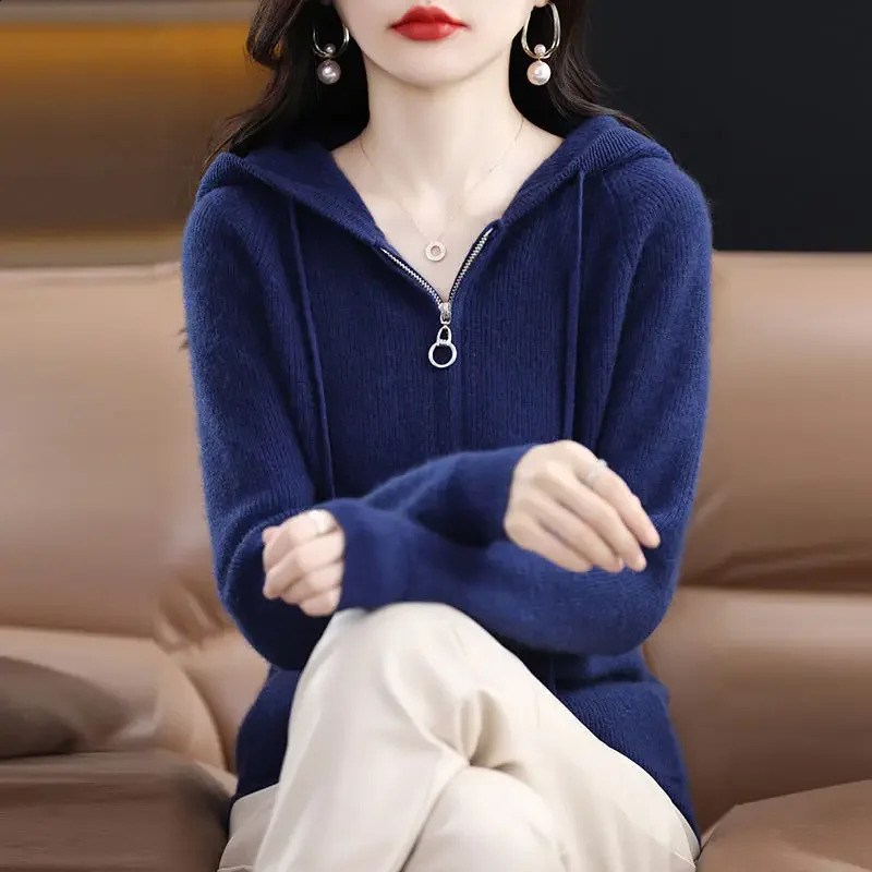 Fashion Woman Blouses Knitted Hooded Long Sleeve Vintage Casual All-match Solid Color Zipper Sweaters Cardigan 240824