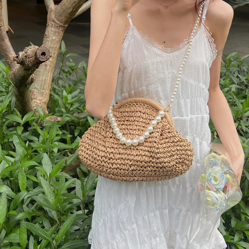 Summer Bag Clip Purse er Bag Handbag Clutch Bag For Women Vintage Pearl Chain Crossbody Shoulder Bag Hobos 240826