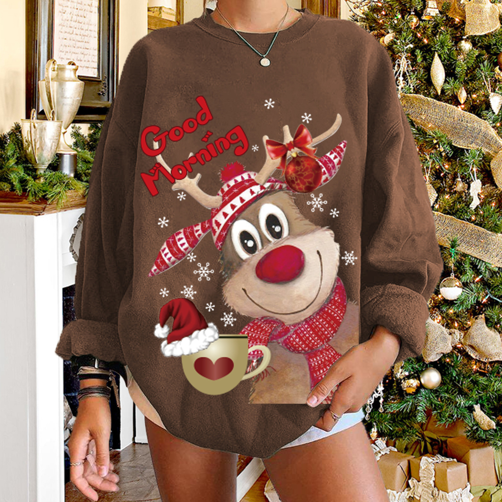 Good Morning ins Wind Elk Print Shoulder Drop Large Round Neck Fleece Sweater Women's dongdumaoyi