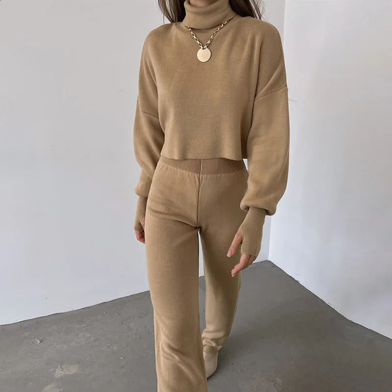 Autumn Winter Solid Ribbed Knitted Set Women Casual Turtleneck Pullover Pants Homewear Suit Retro Two Piece Outfits with Glove 240826