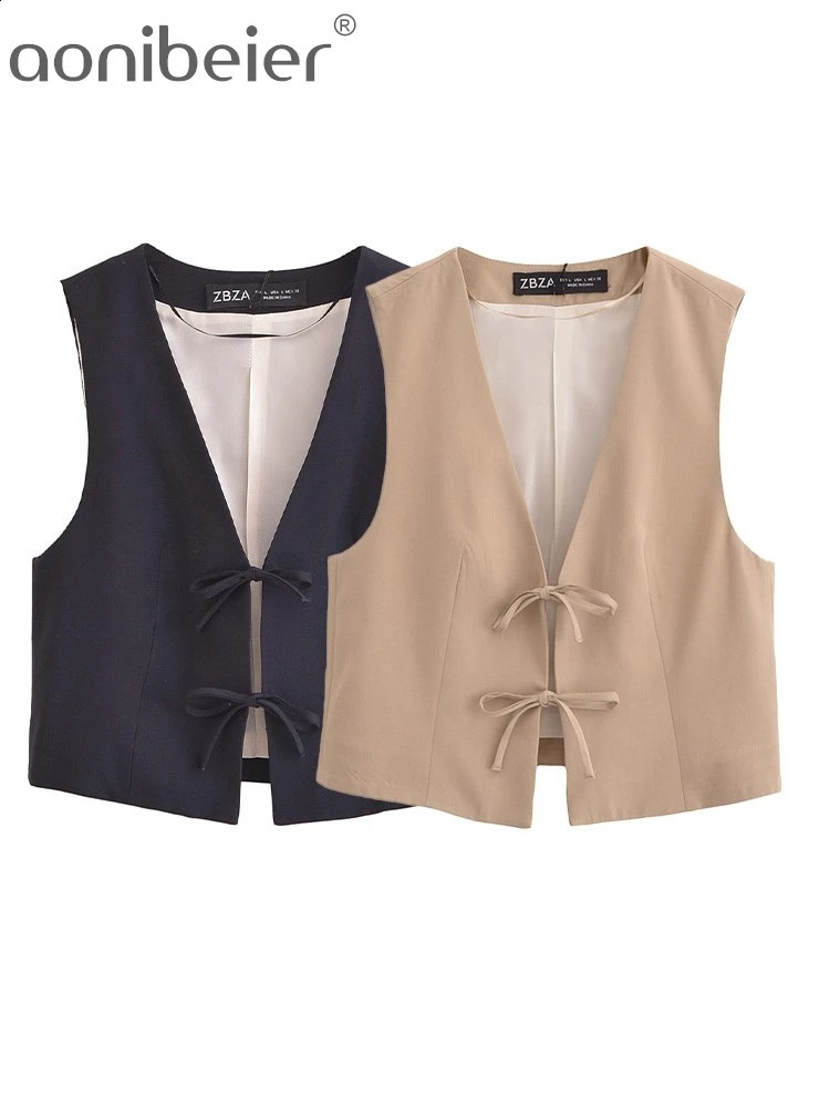 Aonibeier Elegant Bow Lace Up Women Waistcoat Traf 2024 Autumn V Neck Hollow Out Sleeveless Slim Jacket Crop Top Blazer Vest Y2K 240826