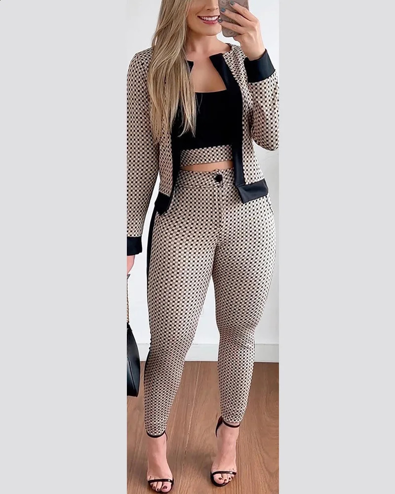 Two Piece Set Women Outfit Spring Fashion Plaid Print Contrast Paneled Open Front Long Sleeve Coat Elegant Skinny Pants Set 240826