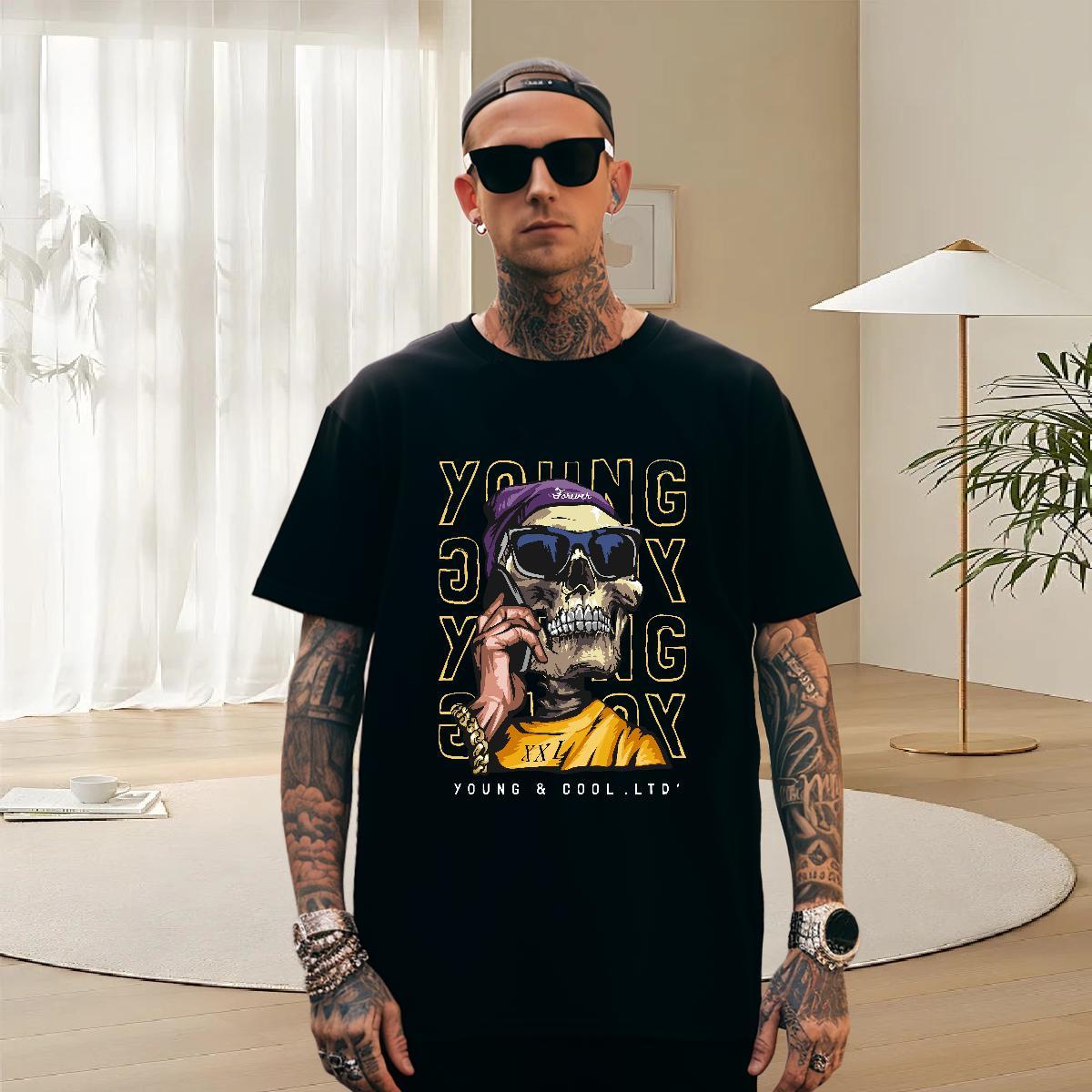 Cool T-Shirts for Men 230g Pure Cotton skull Hip Hop Street Cartoon Print Breathable Short Sleeve Couples T Shirts Stylist Tshirts