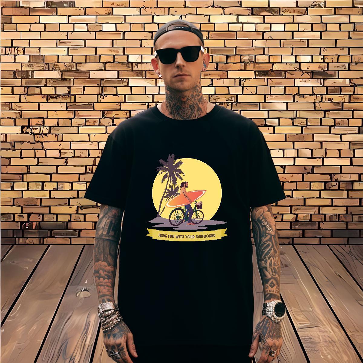 Soft Men T Shirts 230g Pure Cotton wave Hip Hop Cartoon Print O Neck Short Sleeves Tshirts Fashion Casual Tees Shirts