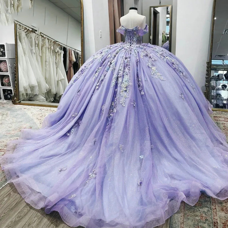 Lilac Illusion Off The Shoulder Ball Gown Quinceanera Dresses Glitter Crystal 3D ral Lace Sweet 16 Vestido De 15 Anos