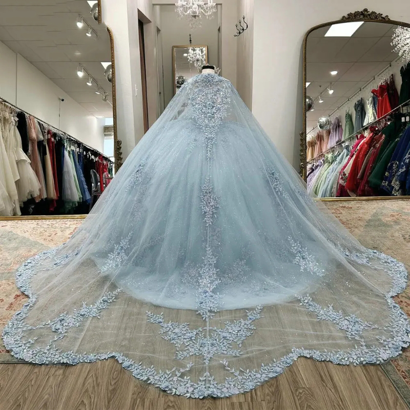 Light Blue Sweetheart Beading Ball Gown Quinceanera Dresses With Cape Appliques Lace Sweet 16 Vestido De 15 Anos