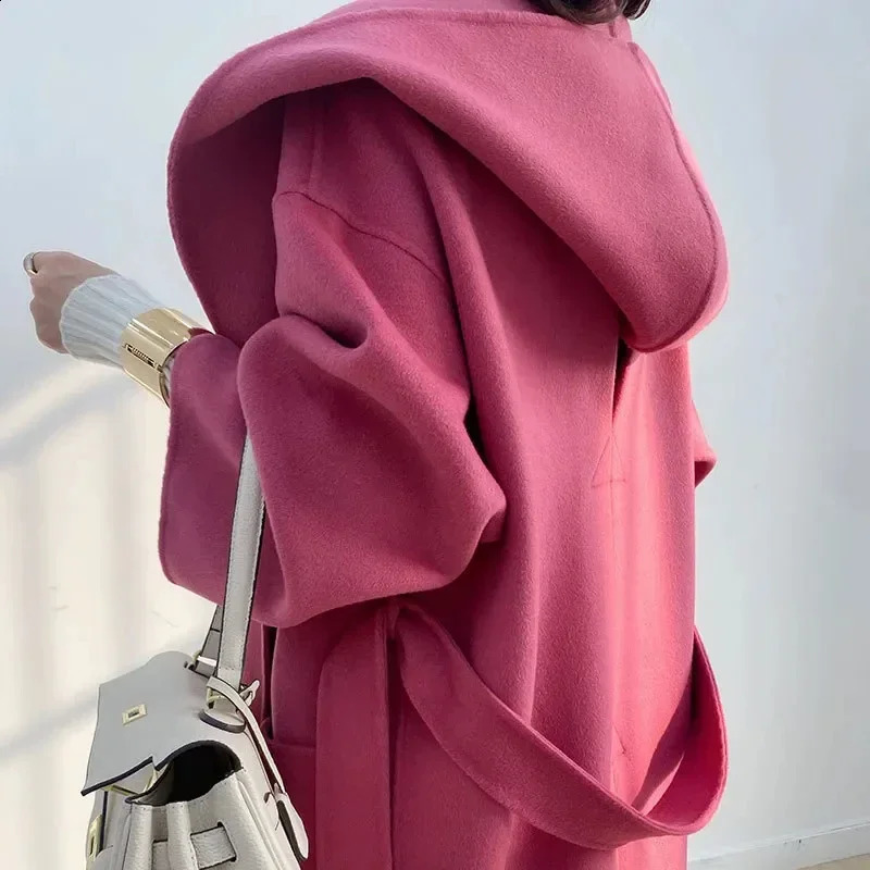 Mid-Length Autumn and Winter Hooded Double Sided Cotton Cashmere Coat Female 100% Wool Loose Thick Woolen Coat 240826