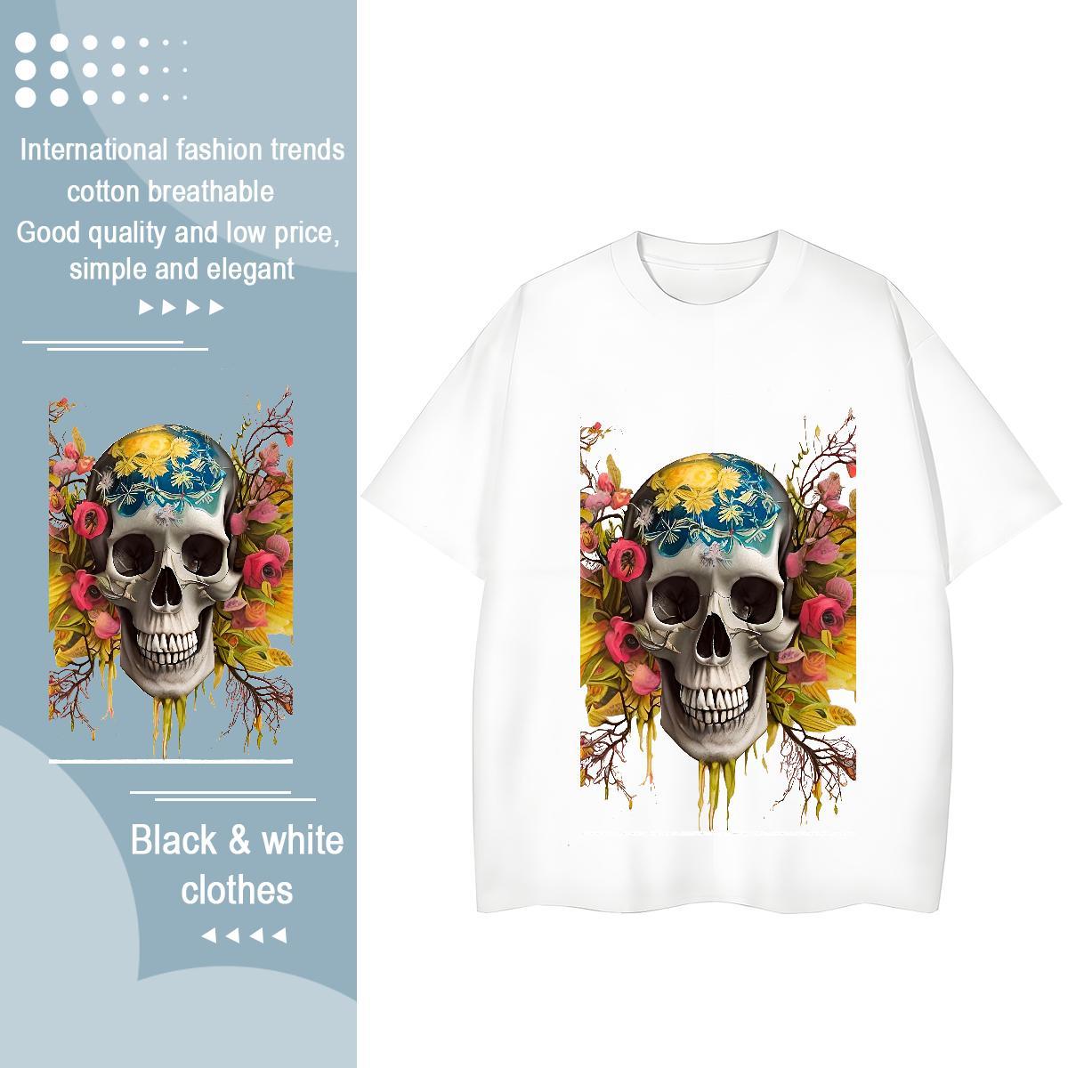 High Quality T Shirts Men 230g Cotton skull Summer Casual Black White Breathable Crew Neck Men Tops Tees New Designer Clothings