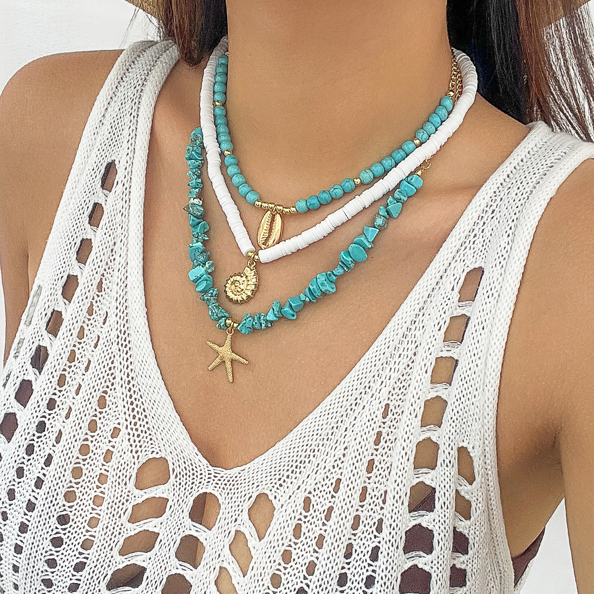 Ocean Wind Shell Turquoise Multi layer Beach Sea Star Bead Necklace Accessories Female