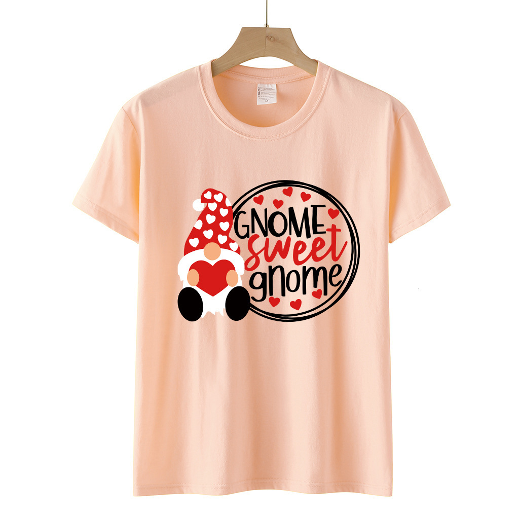 Valentine's Day SWEET GNOME Pattern Printed Loose Headset Short Sleeve Women's T-shirt dongdumaoyi