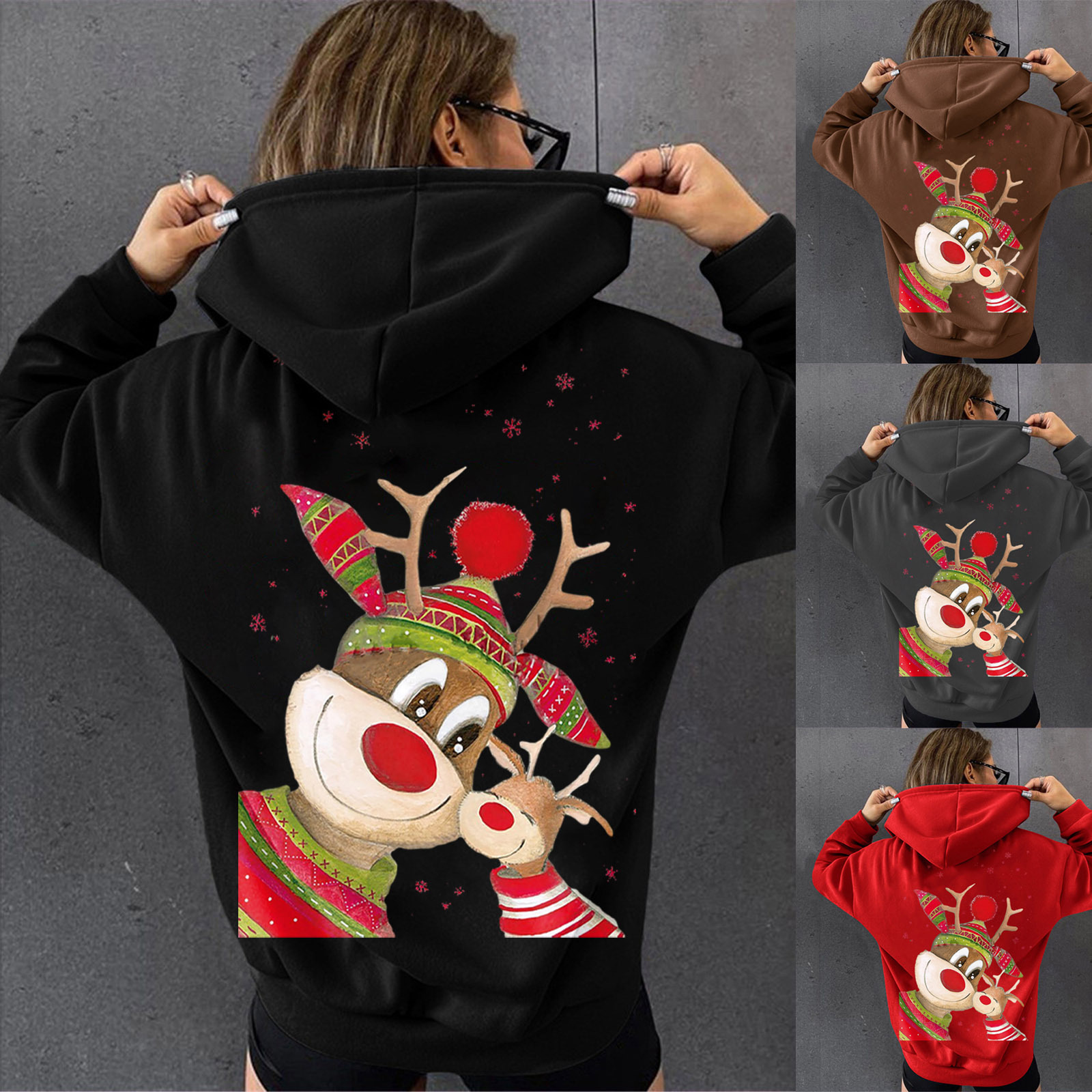 Women's hooded Christmas two deer print fleece sweatshirt, women's cotton jacket dongdumaoyi