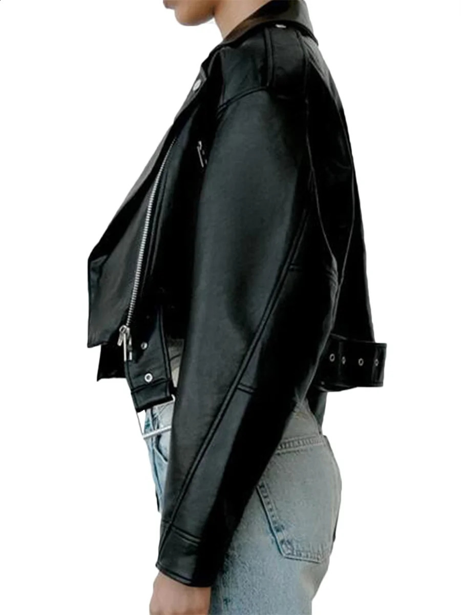 Womens black artificial PU leather jacket casual womens lapel zipper with short leather jacket retro street motorcycle jacket 240826