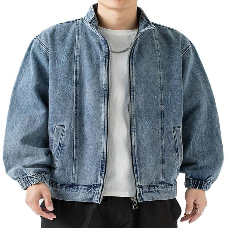 Stand up collar denim jacket mens casual autumn zipper closed loose pocket blue retro fashion clothing 240824