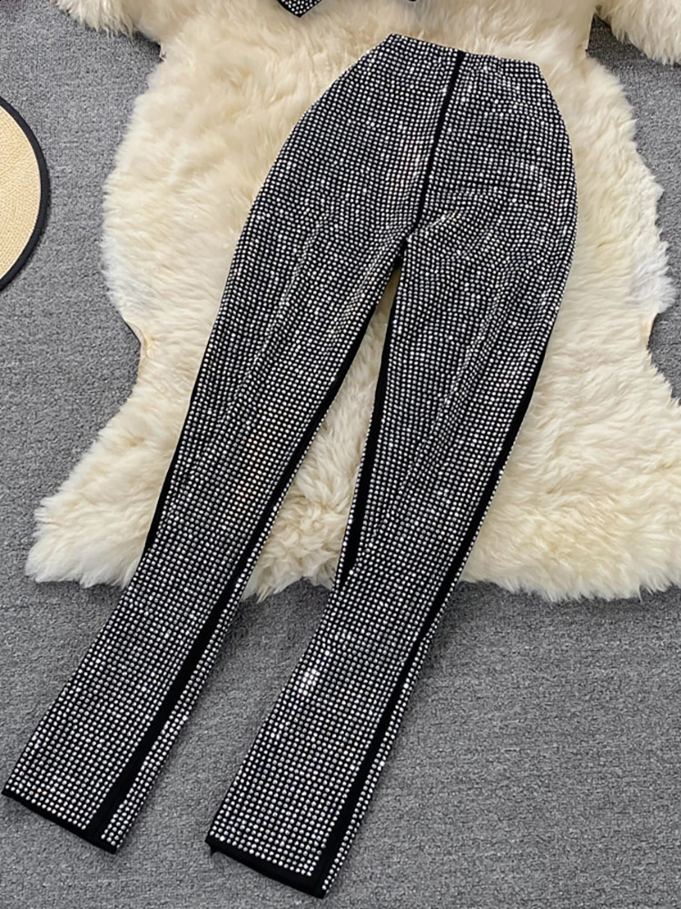 Sexy Women Black/White Diamonds Two Piece Set Party Slash Neck Off Shoulder Camis Tops High Waist Pants Female Suit Autumn 240826