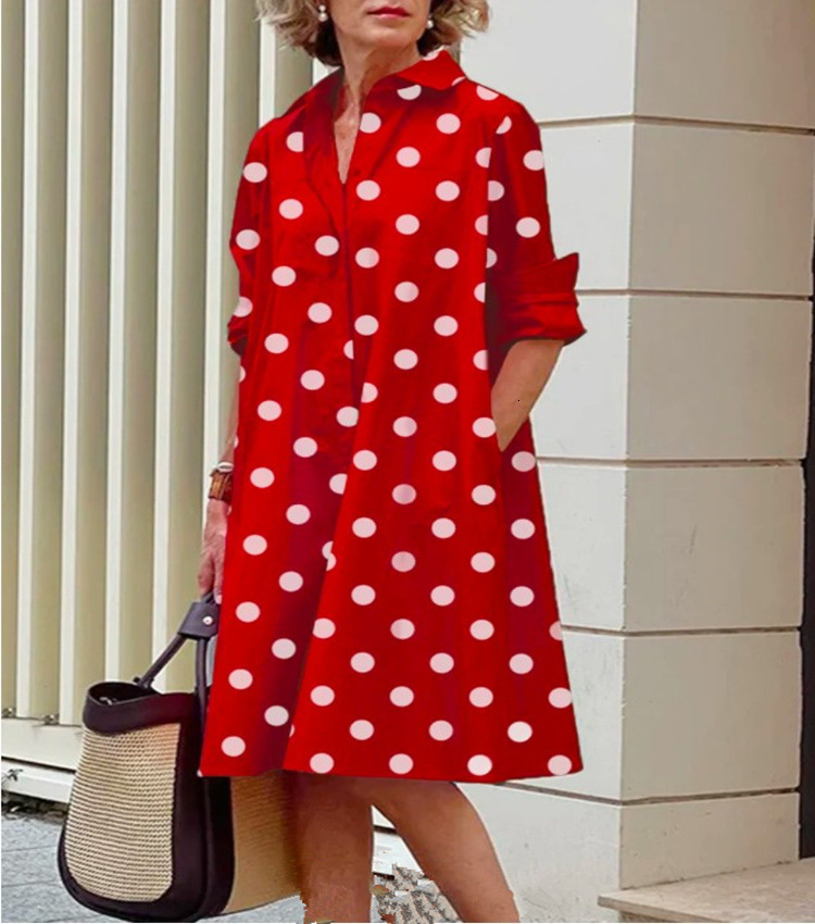 Autumn New Product Fashionable Temperament Wave Dot Printed Shirt Collar Long Sleeve Medium Length Dress