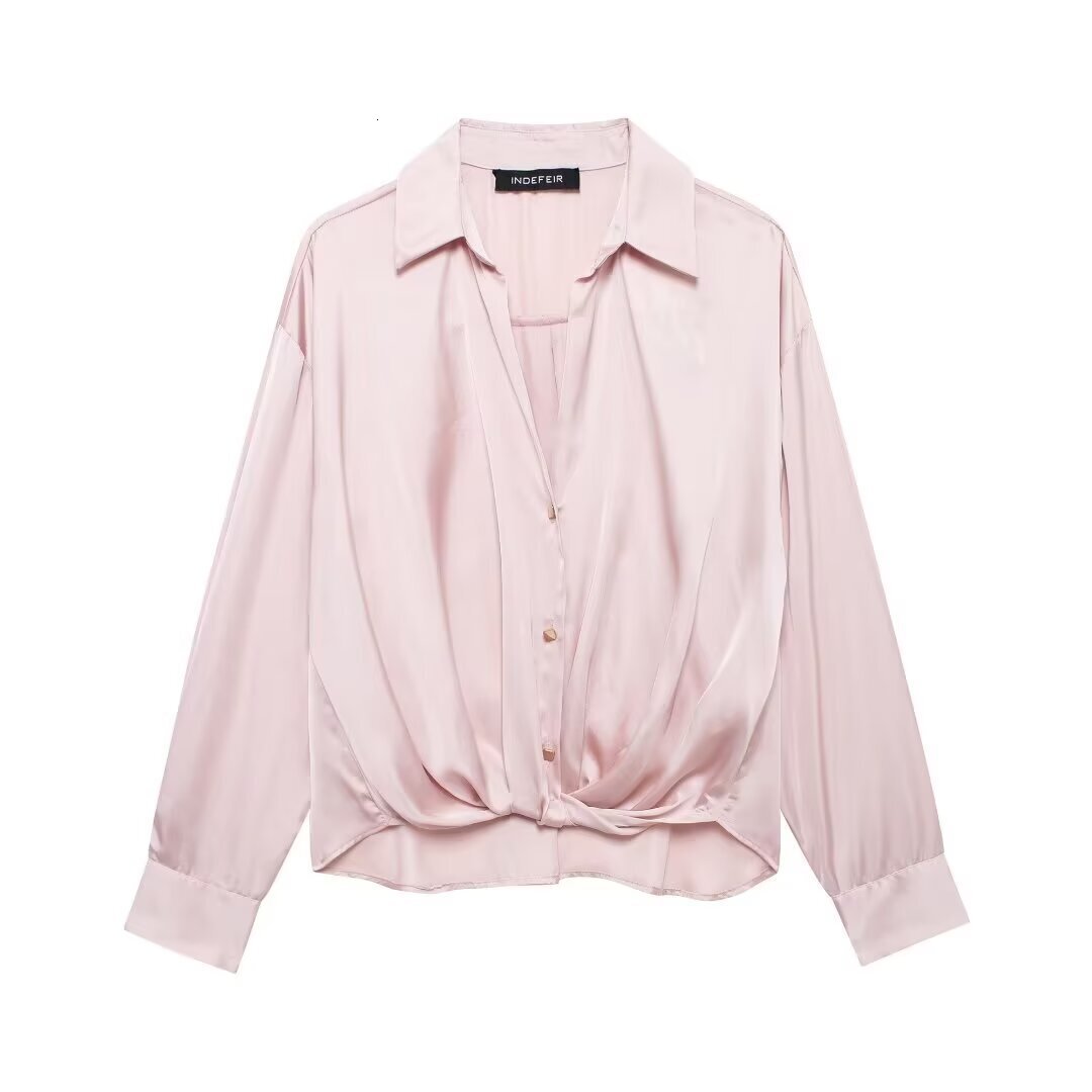Womens Fashion Loose Silk Knot Decoration Long Sleeved Shirt