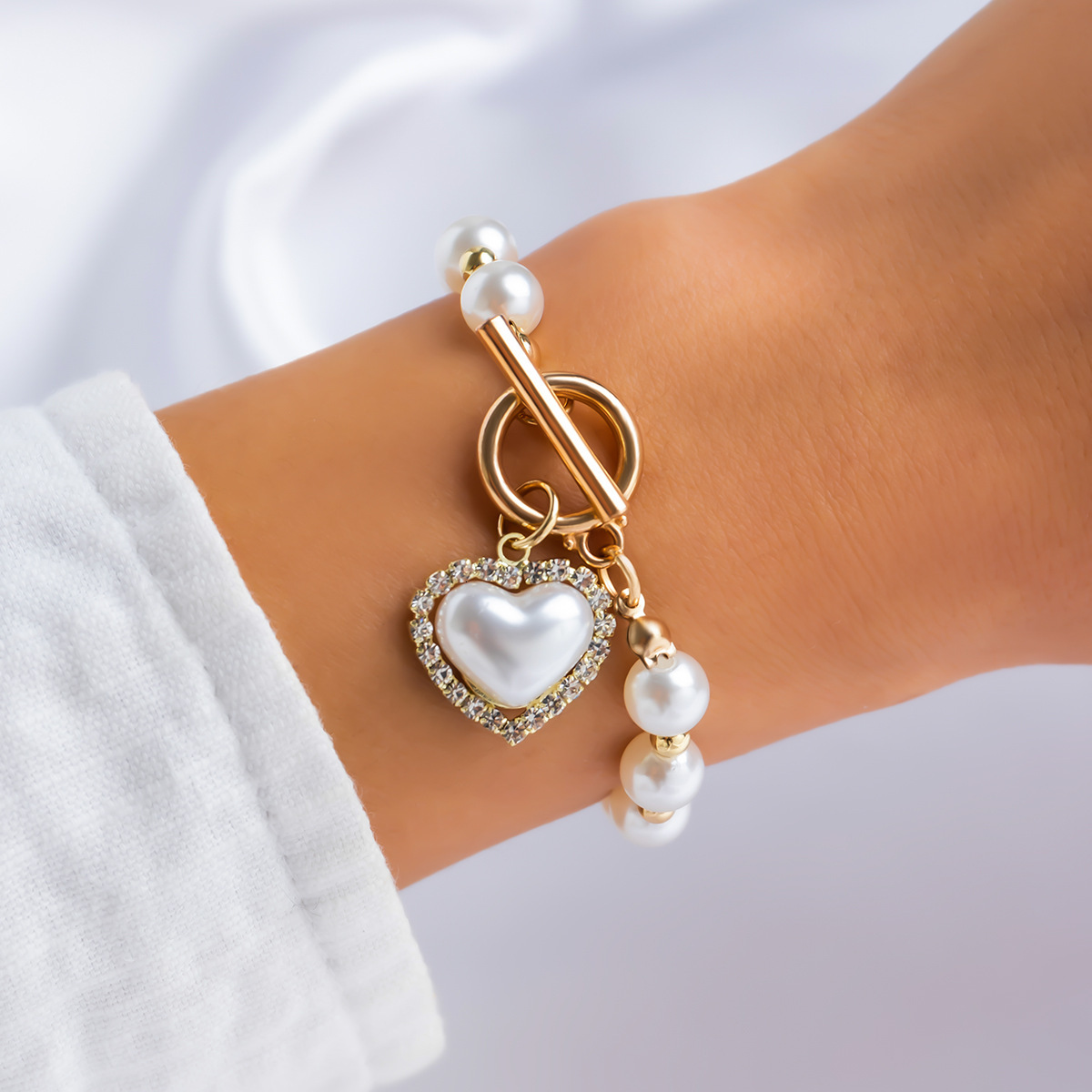 Jewelry imitation pearl chain bead simple alloy heart-shaped rhinestone versatile bracelet