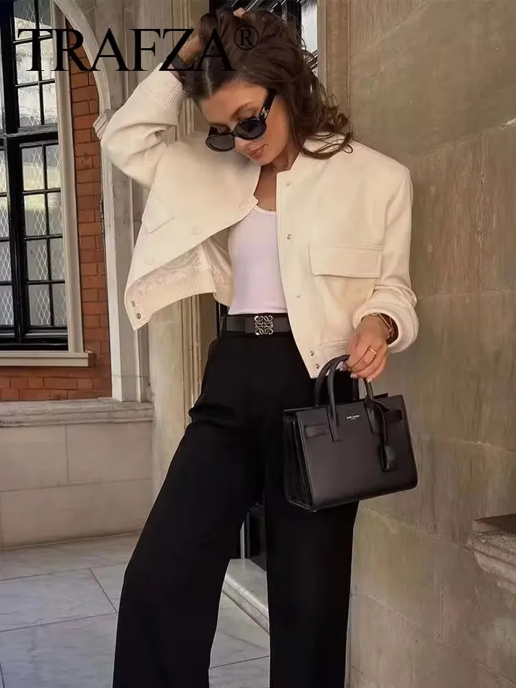 TRAFZA Womens Elegant White Coat Long Sleeve Button Bomber Jacket Fashion Casual Solid Office Y2K 240826