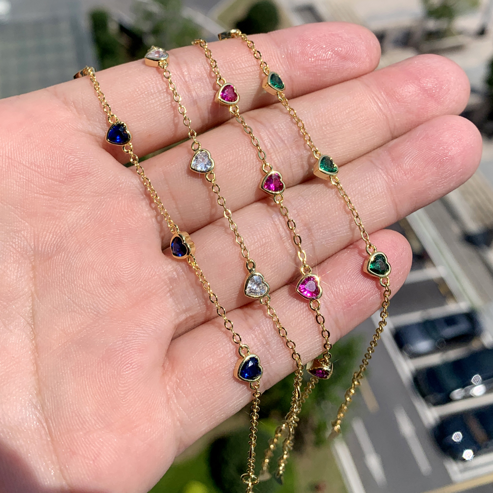 High Quality Red Green Blue White Cubic Zirconia Paved Heart Charm Bg CZ Tennis Chain Colorful Jewelry for Women