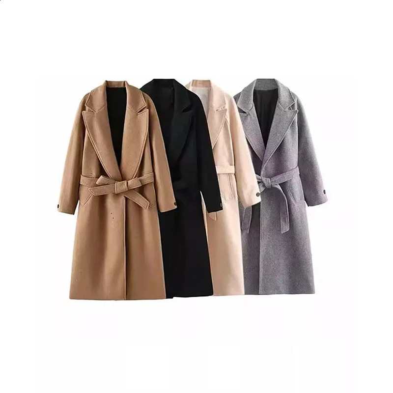 Coats and Jackets Women with Belt Casual Loose Wool Coat Fashion Female Turn-down Collar Jacket Elegant Winter Coat 240826