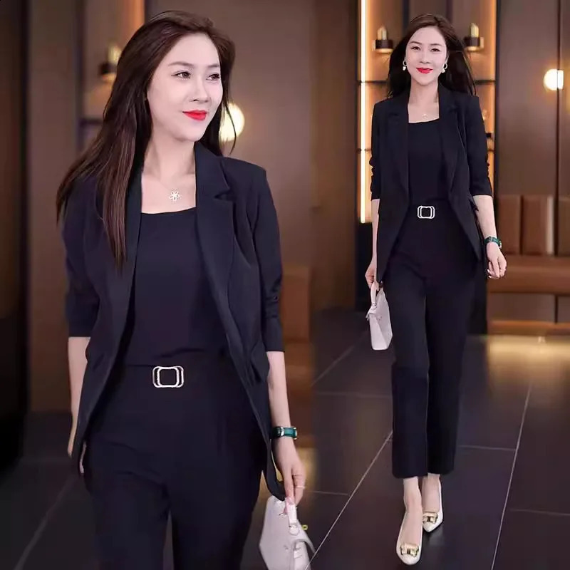 Summer Thin Jacket Blazer Casual Pencil Pants Vest Three Piece Set Elegant Womens Pants Set Office Outfits Business Clothing 240826