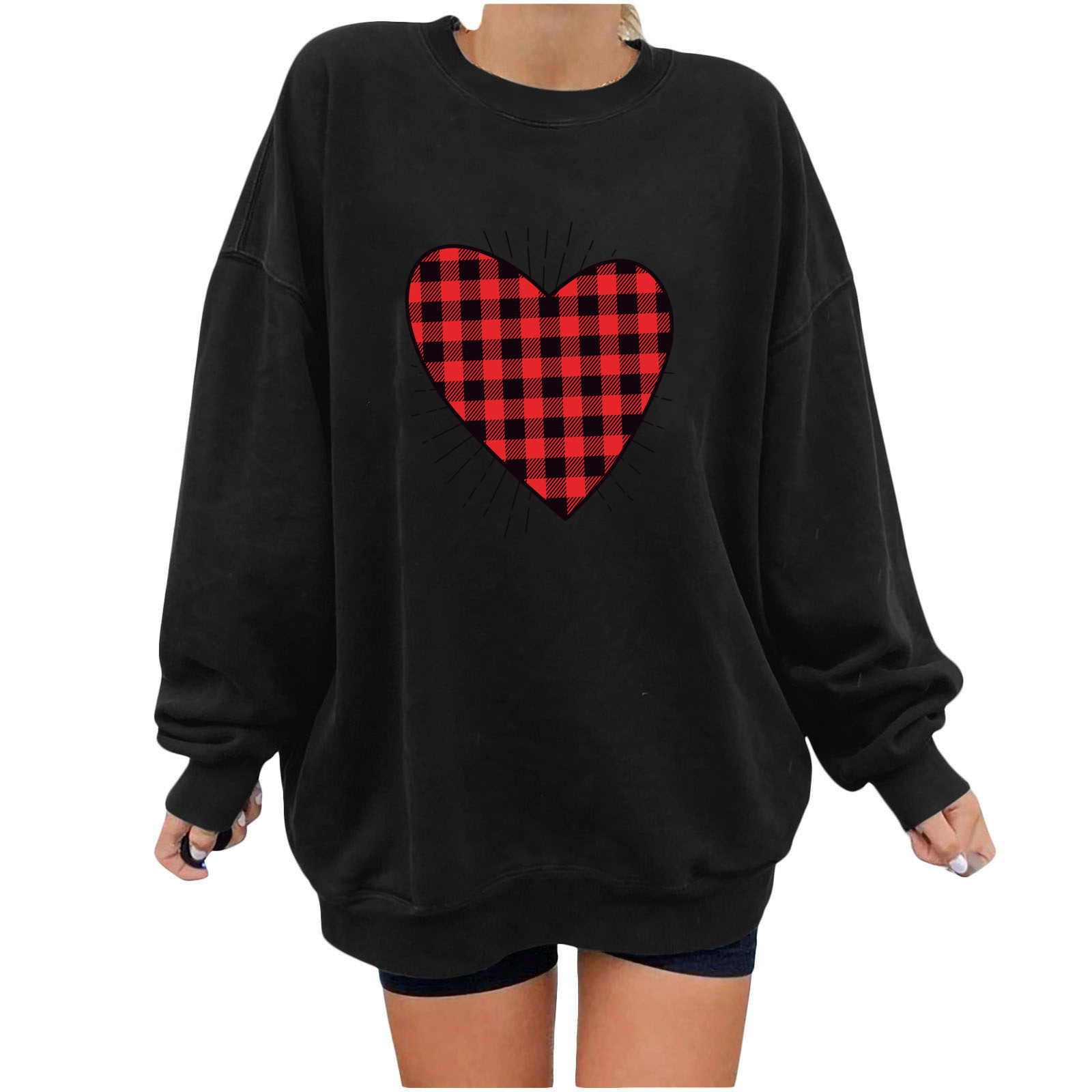 Christmas trend shoulder down with red and black checkered heart-shaped line printed casual style jacket hoodie dongdumaoyi