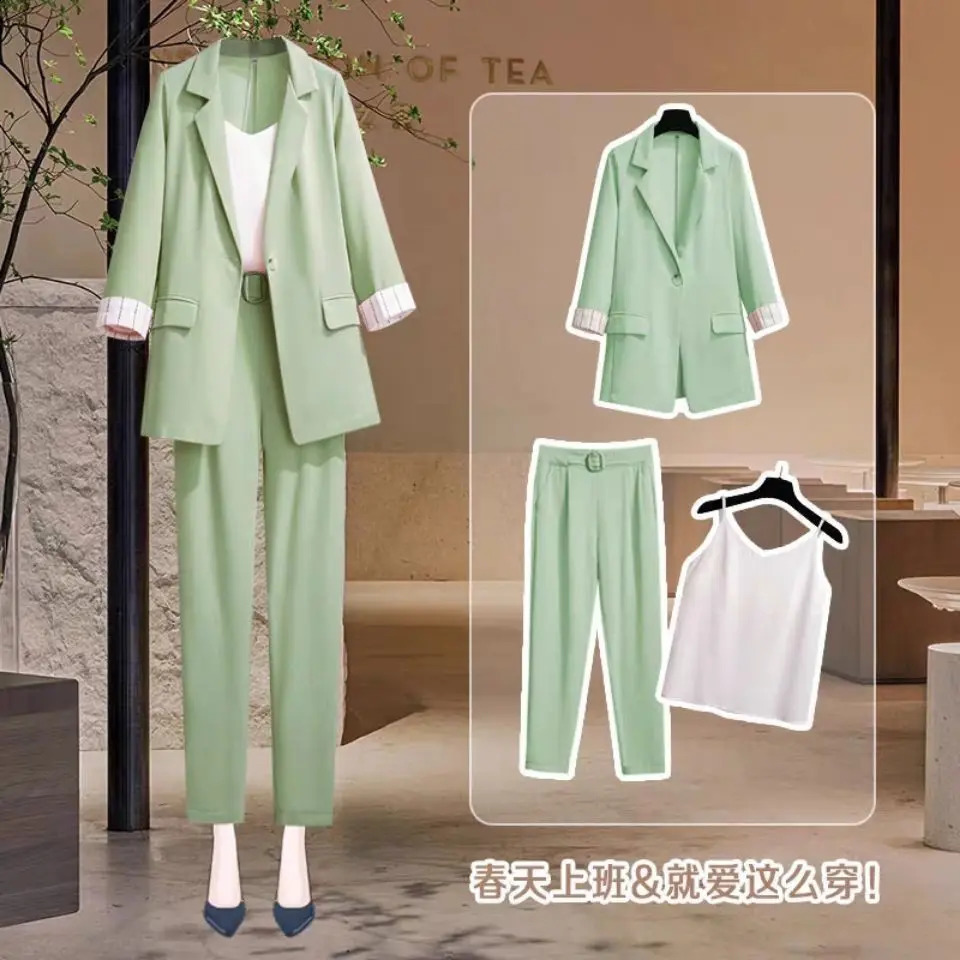 Korean Style Summer Thin Jacket Blazer Casual Wide Leg Pants Two-piece Elegant Womens Pants Set Office Business Suit Outfits 240826