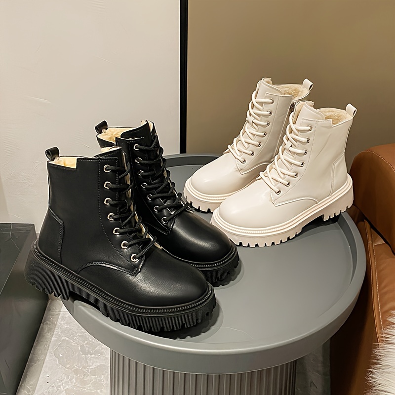 Women's Chic Fluffy Combat Martin Ankle Boots Round Toe Warm Lined, Mid Heel with Non-Slip Sole for Winter Snow boots