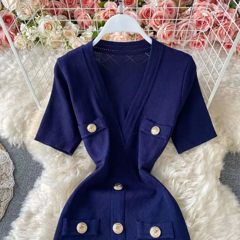 Womens Solid Deep Vneck Short Sleeve Elegant Aline Dress SpringSummer Single Chest Office Knitted Wrap Hip Skirt 240826