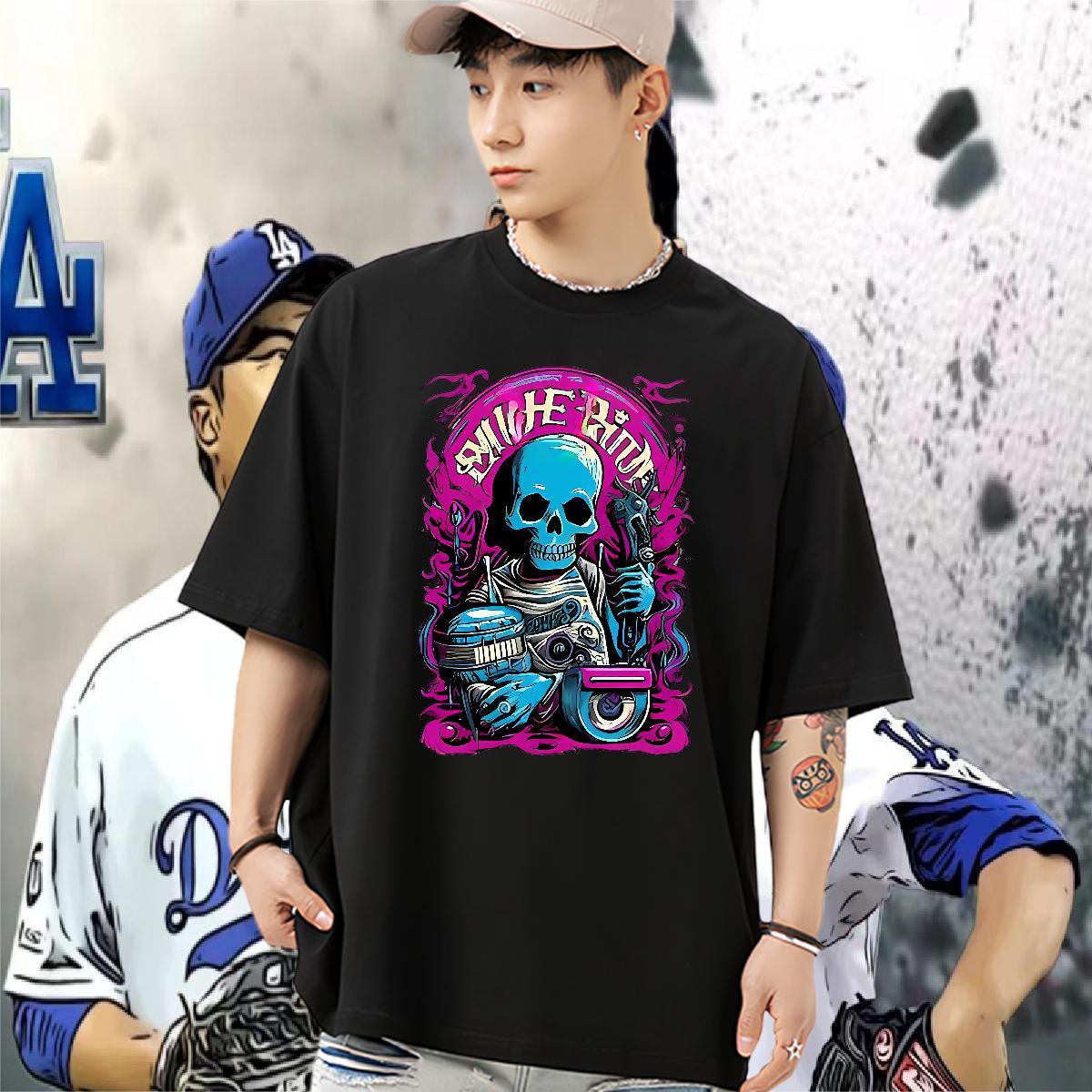 Wholesale T Shirts Men 230g Cotton skull Casual Beach Customized Print Pure Cotton Tshirt for Man Woman Casual New Top Tees
