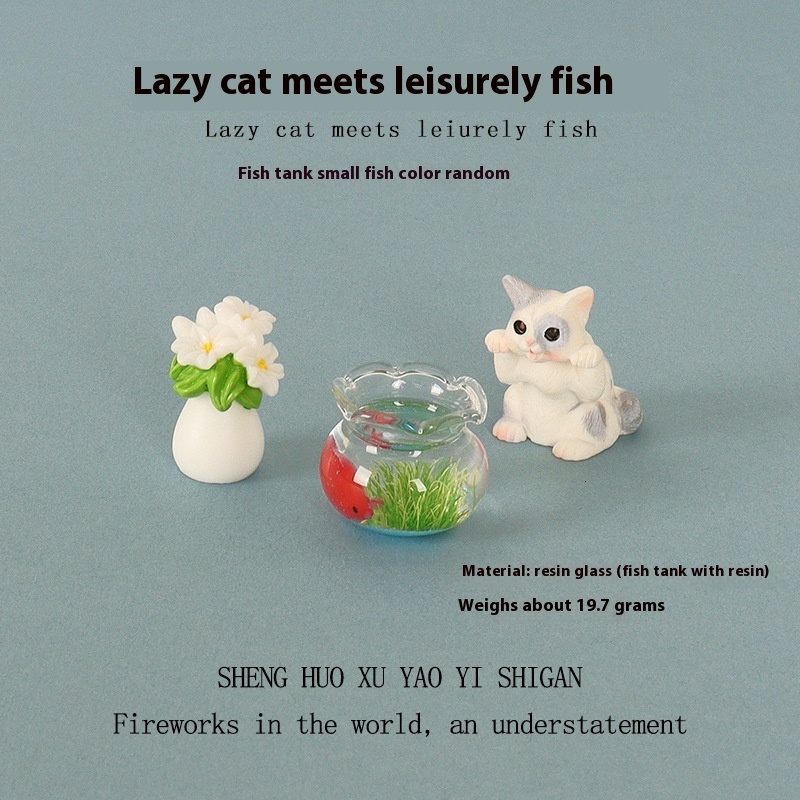 Adorable Small Scale Artwork - Handcrafted Resin Lazy Kitty & Fishtank Combo for Personalized Display