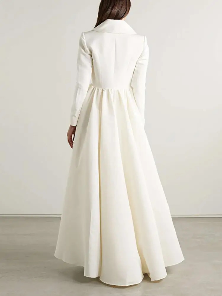 Freeacy Solid White Pants Set for Women Extra-long Blazer Top and High Waist Pants Falbala Pleated Elegant Suit 240826