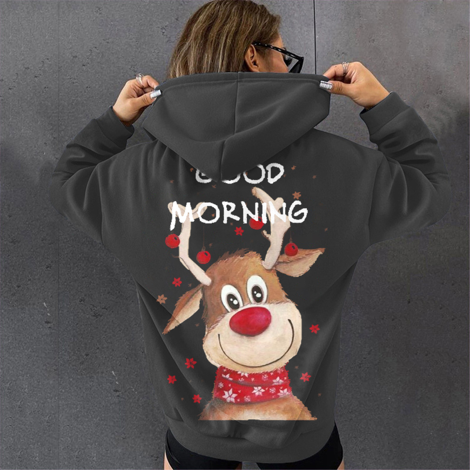 Good MORNING Christmas hoodie with deer print and plush hooded sweatshirt dongdumaoyi