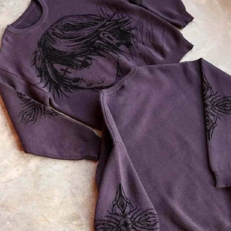 Womens Knitting Fashion Anime Print Sweater Harajuku Gothic Purple Sweater Men Pullover Y2K Oversized Sweater Streetwear 240824