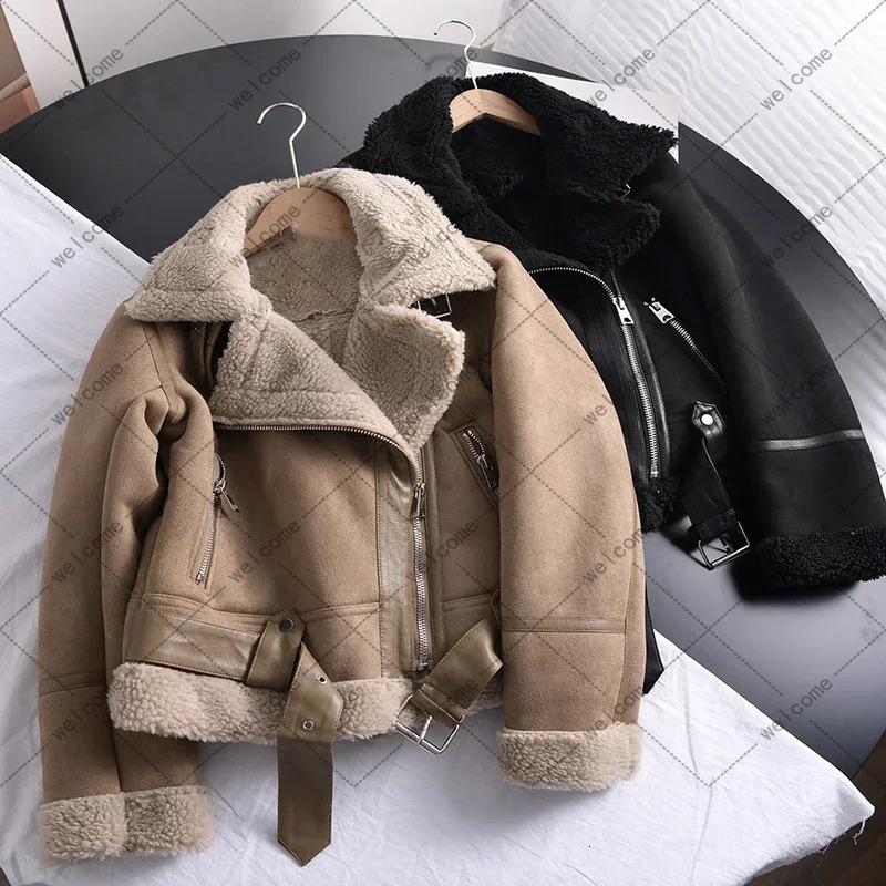 Winter womens thick warm suede sheepskin jacket short motorcycle brown artificial wool 240824