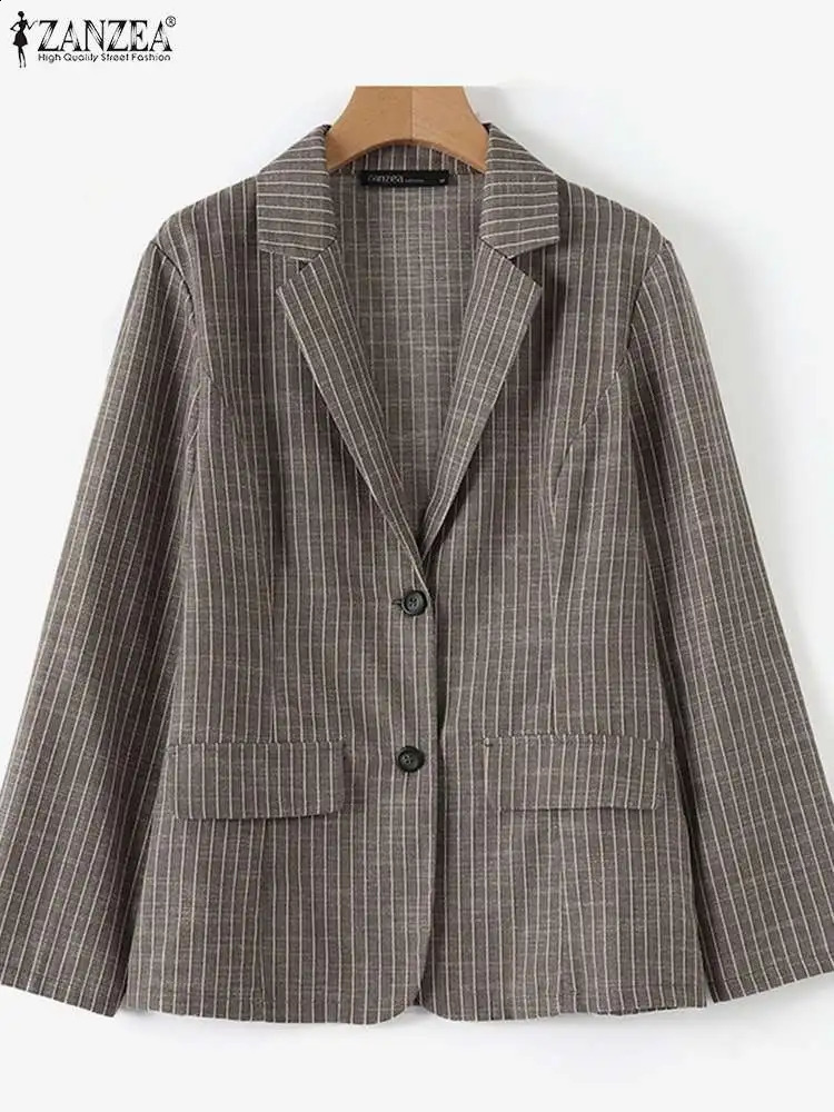 ZANZEA Fashion Stripe Printed Blazer Woman Long Sleeve Lapel Neck Jackets Autumn Casual Street Outwear Vintage OL Suits 240826