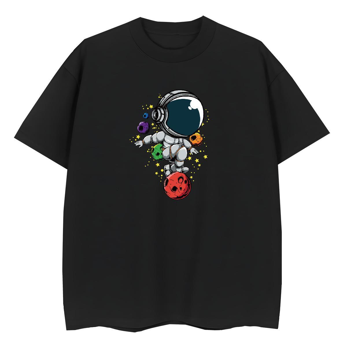 Soft Woman Tshirt 230g 100% Cotton cosmonaut Casual Sport T Shirts Women Crew Neck Cartoon Floral Printing Polos