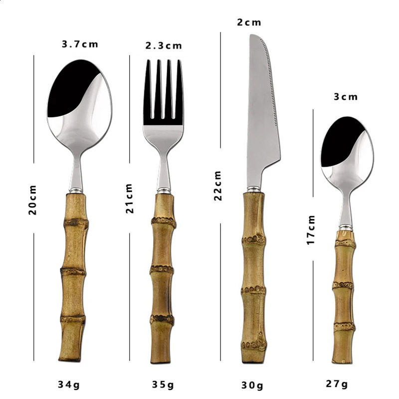 24 piece bamboo tableware set with stainless steel natural handle vintage cutlery knife table fork spoon dessert gift 240826
